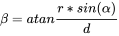 {\displaystyle \beta =atan{\frac {r*sin(\alpha )}{d}}}